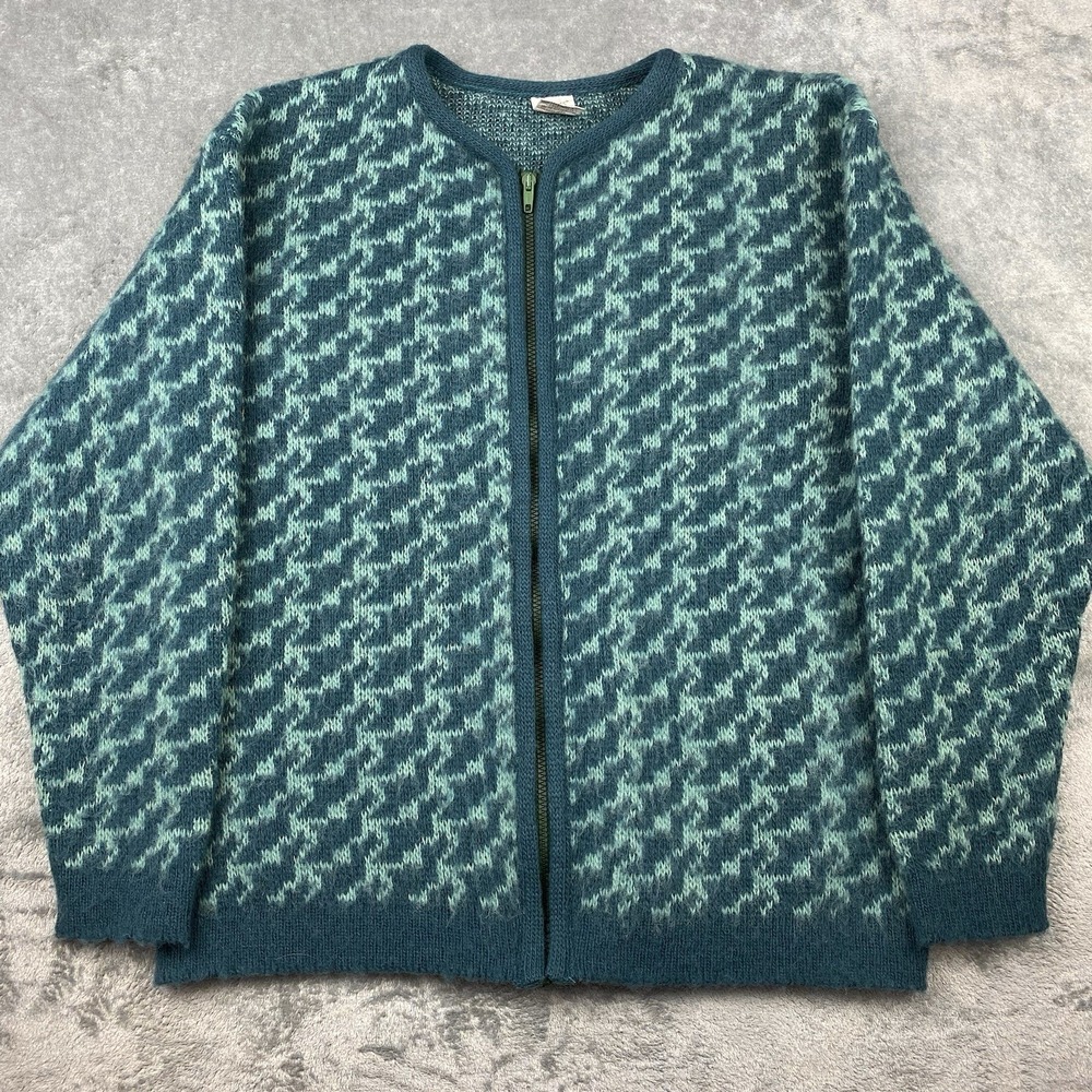 Vtg Alafoss Icewool Sweater Womens M Blue Teal Wool Zip Cardigan Houndstooth‎